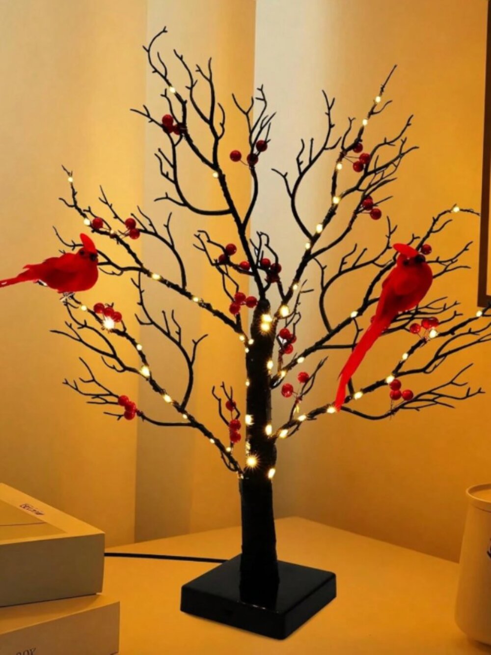 Black Tree with LED Lights & Red Cardinal Birds - Holiday Home Decor